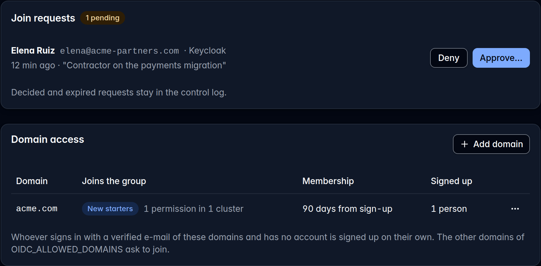 The Users page: Join requests with one pending, from Elena Ruiz at acme-partners.com, with Deny and Approve buttons; below it, Domain access with the rule acme.com, group New starters, 90 days from sign-up, 1 person signed up.