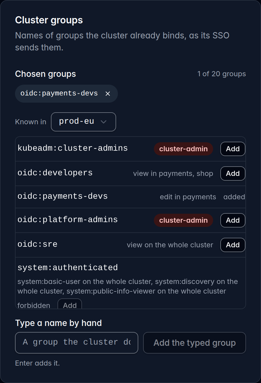 The Cluster groups card of the role builder: oidc:payments-devs chosen; under Known in, cluster prod-eu, the groups its bindings name with what each gets, such as edit in payments, and kubeadm:cluster-admins and oidc:platform-admins marked cluster-admin.