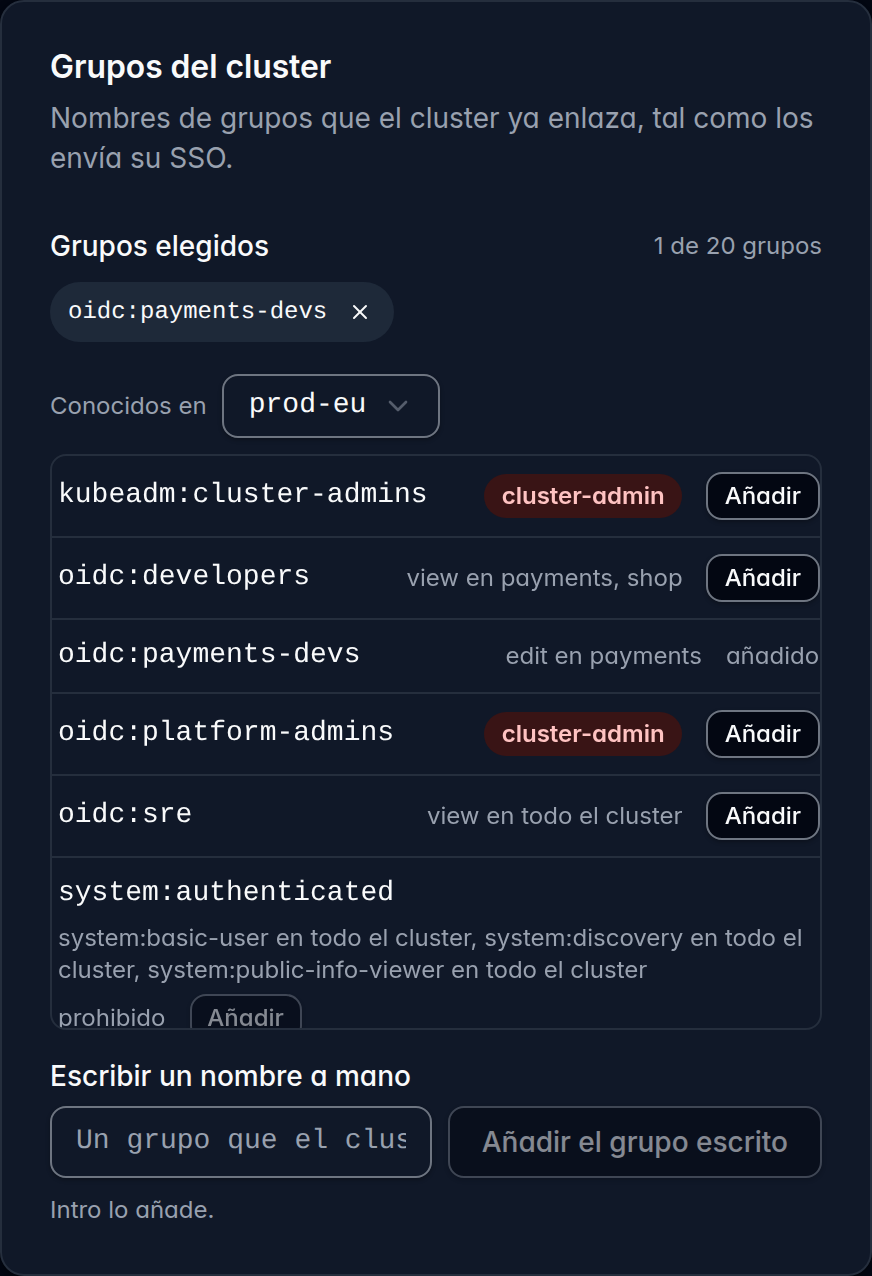 La tarjeta «Grupos del cluster» del editor de roles: elegido oidc:payments-devs; en «Conocidos en», el cluster prod-eu, los grupos que nombran sus bindings con lo que da cada uno, como edit en payments, y kubeadm:cluster-admins y oidc:platform-admins marcados como cluster-admin.